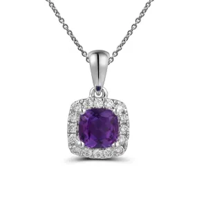 18ct White Gold Amethyst & Diamond Halo Pendant Necklace