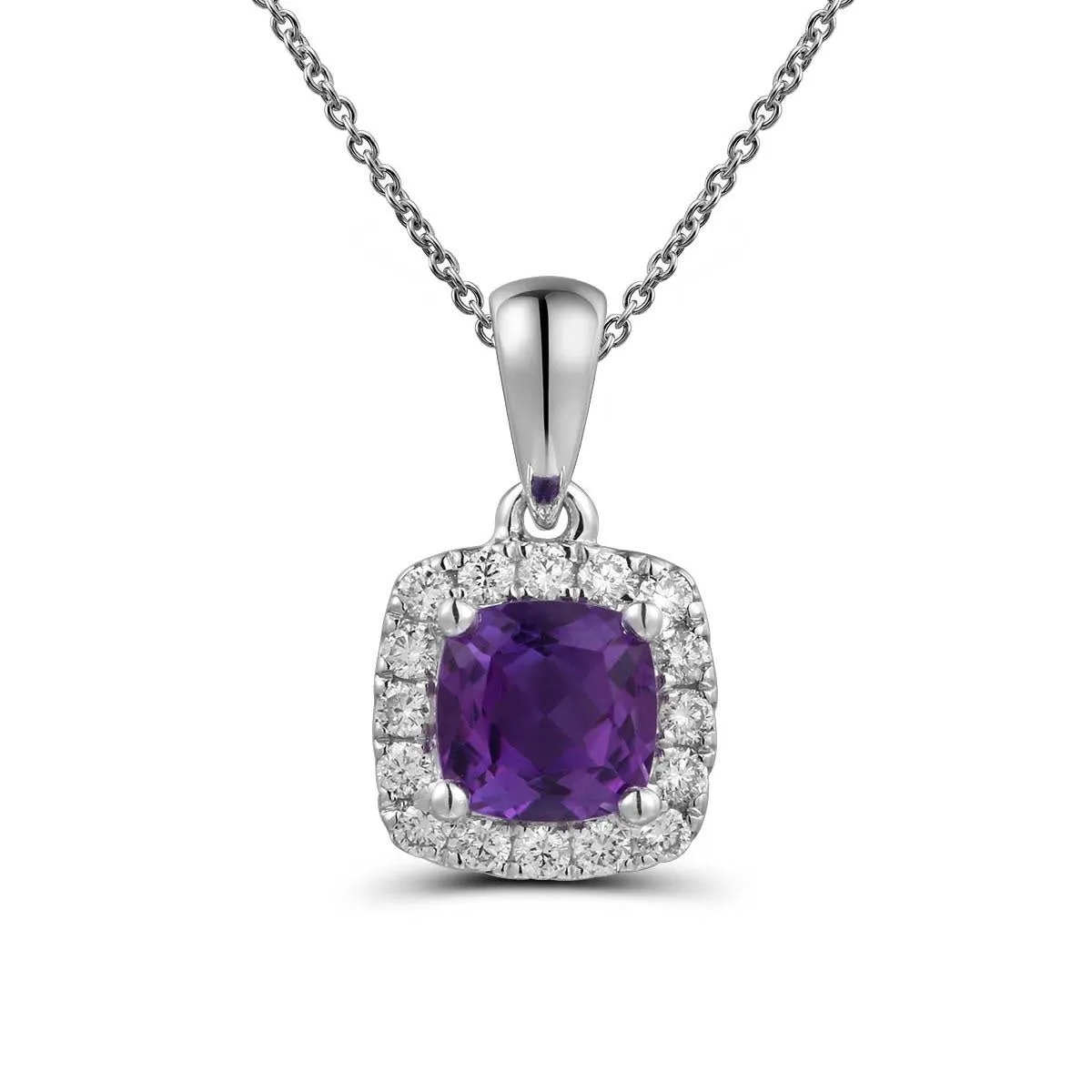 18ct White Gold Amethyst & Diamond Halo Pendant Necklace