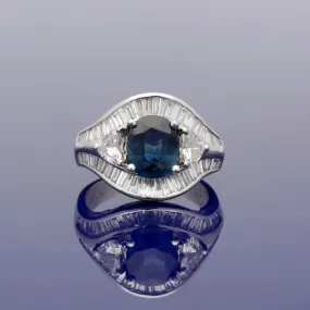 18ct White Gold Cocktail Ring with Sapphire, Baguette and Heart Shaped Diamonds