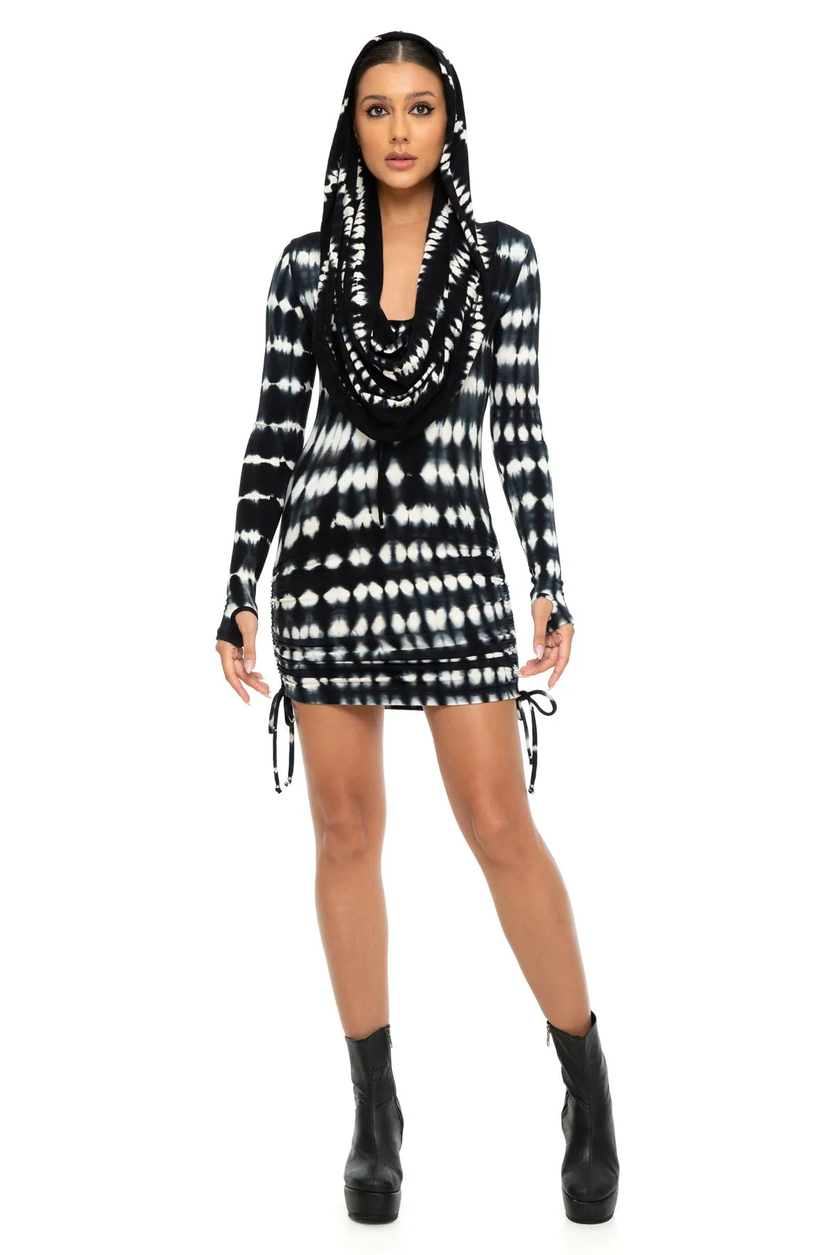 5D x Stellar Dust Cowl Hooded Mini Dress - shibori