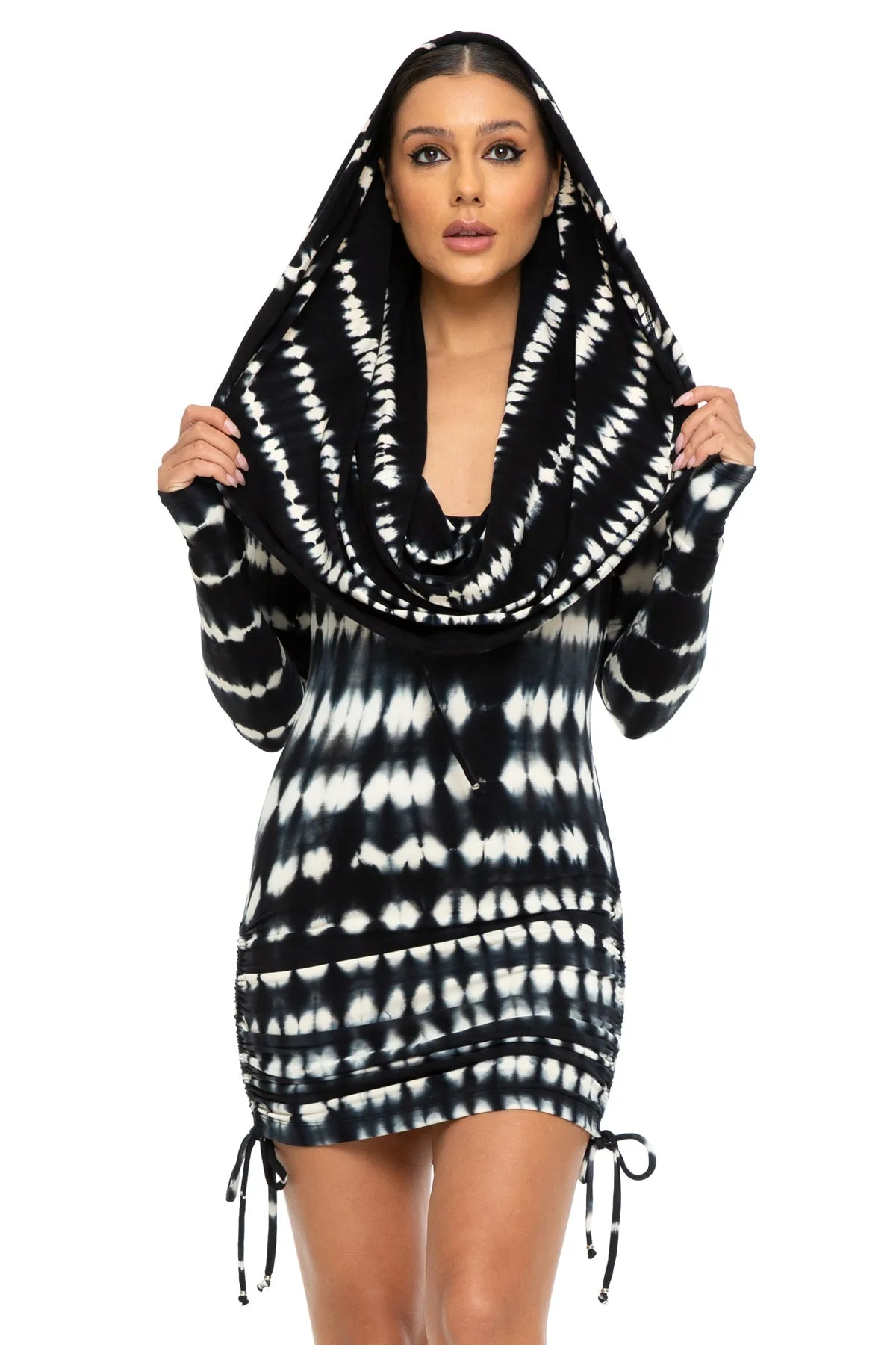 5D x Stellar Dust Cowl Hooded Mini Dress - shibori