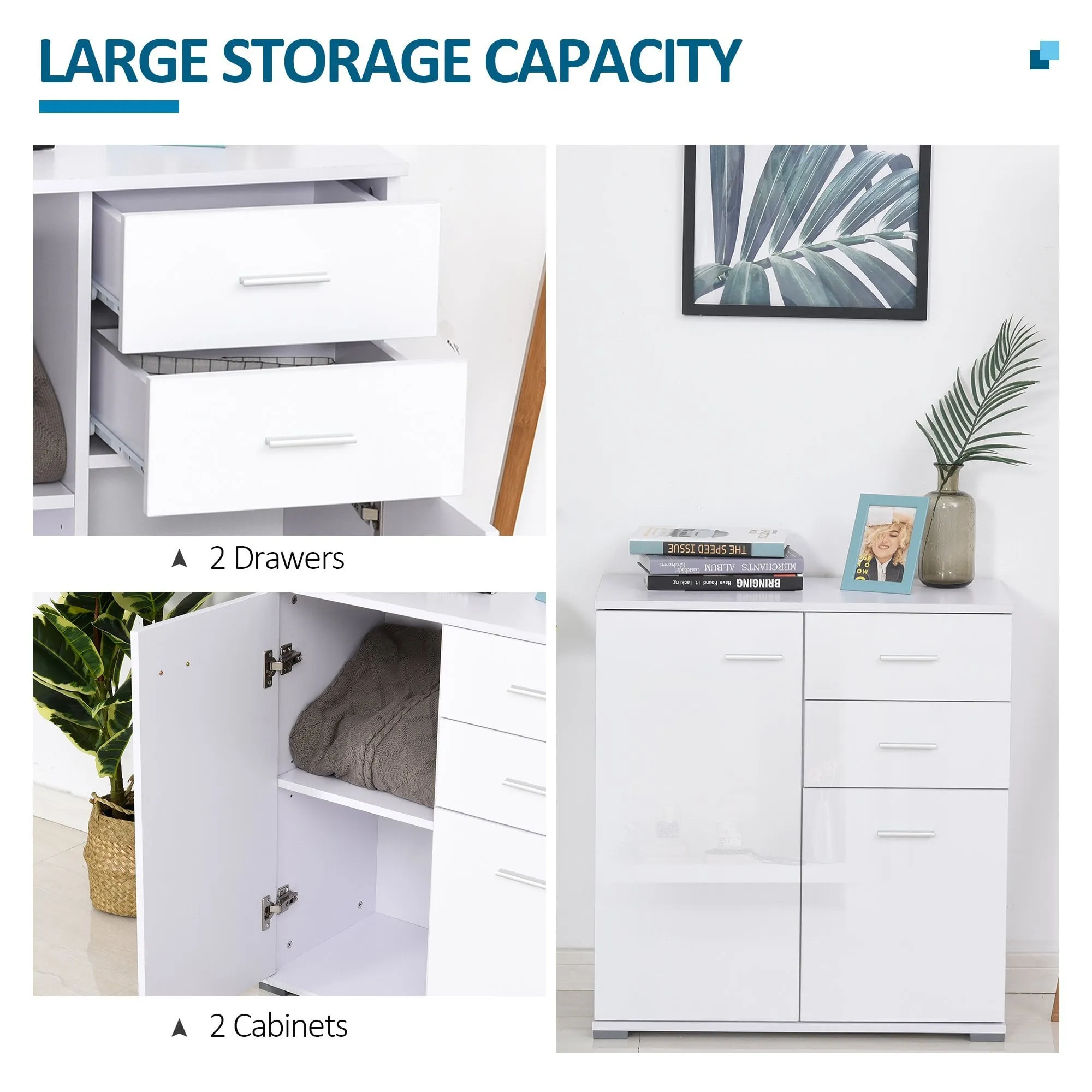 71x35x76 cm High Gloss Side Cabinet Table Sideboard Chest of Drawer Storage Furniture - White