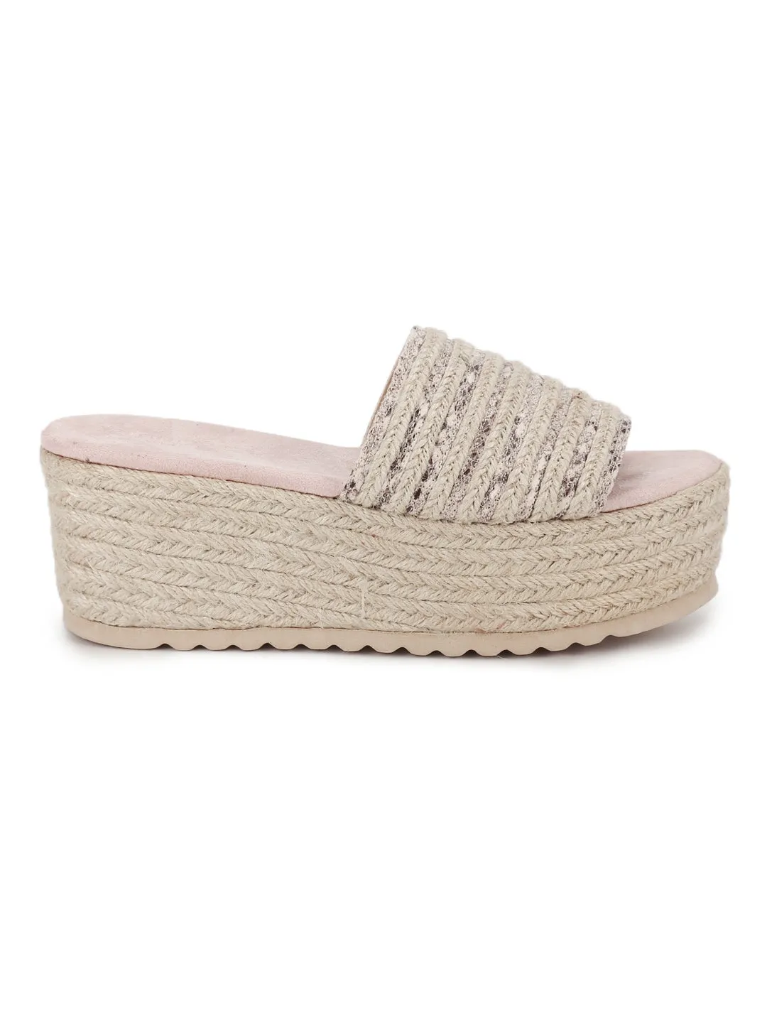 Beige Snake Woven PU Slip On Wedges