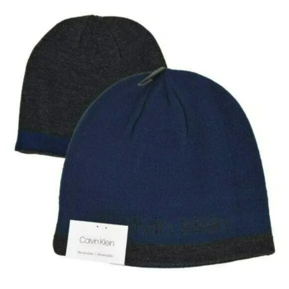 CALVIN KLEIN Men's Reversible Navy / Dark Gray Logo Beanie Winter Hat