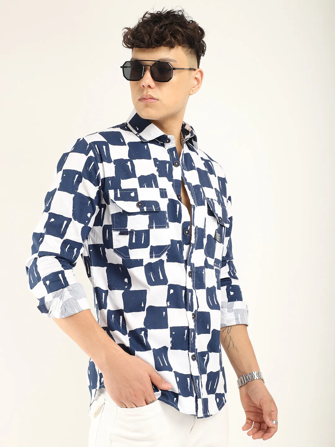 Chess Codd Navy Box Print Full Sleeve Shirt