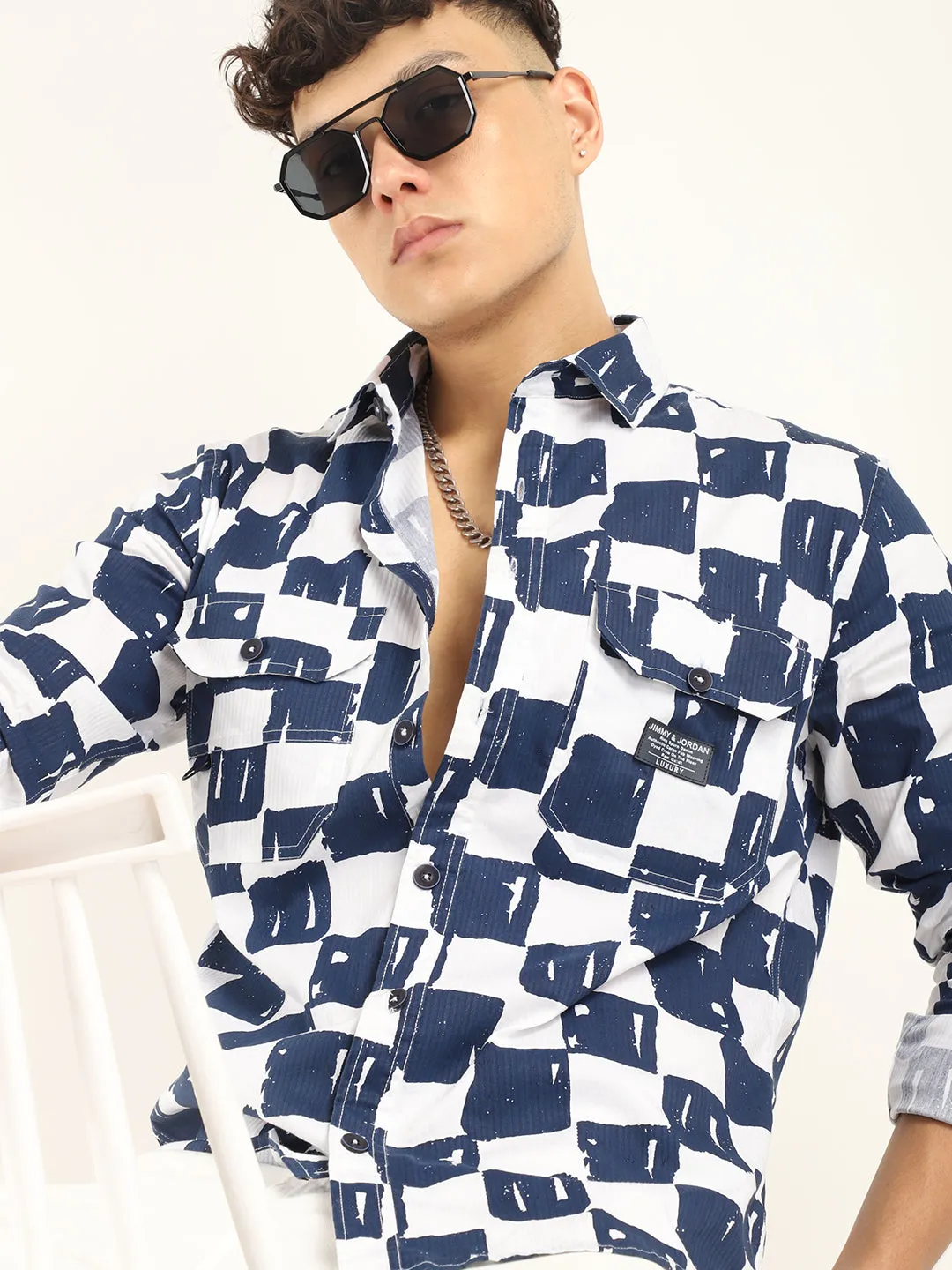 Chess Codd Navy Box Print Full Sleeve Shirt