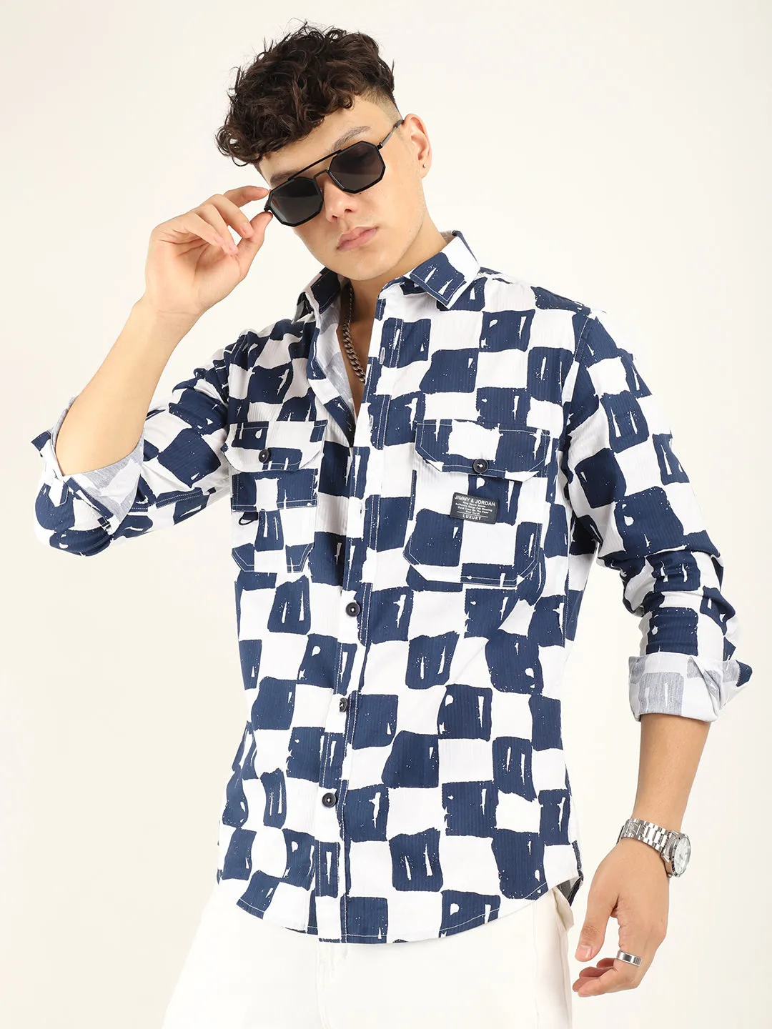 Chess Codd Navy Box Print Full Sleeve Shirt