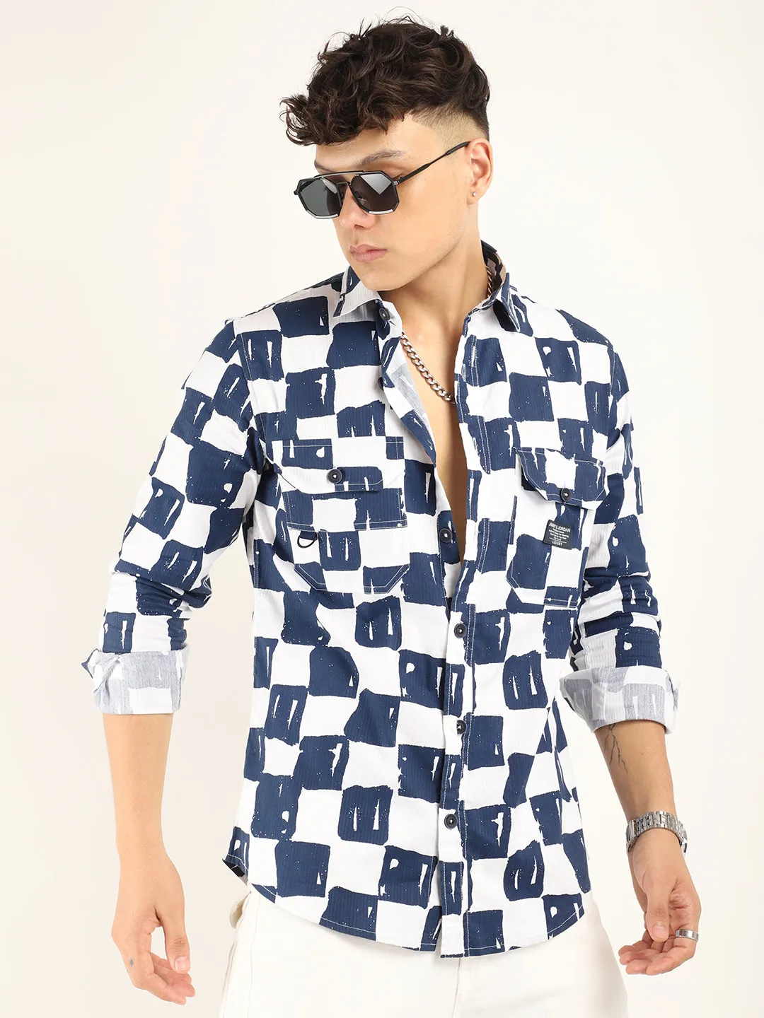 Chess Codd Navy Box Print Full Sleeve Shirt