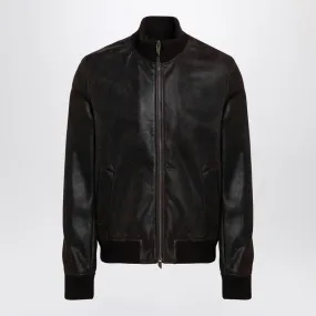 DARK BROWN LEATHER BOMBER JACKET