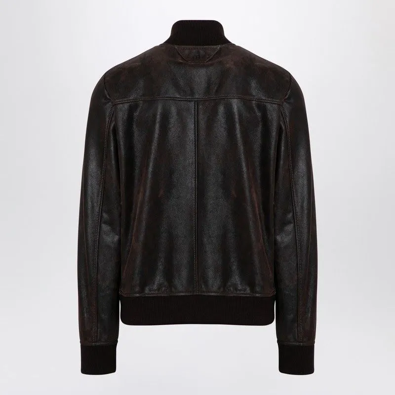 DARK BROWN LEATHER BOMBER JACKET