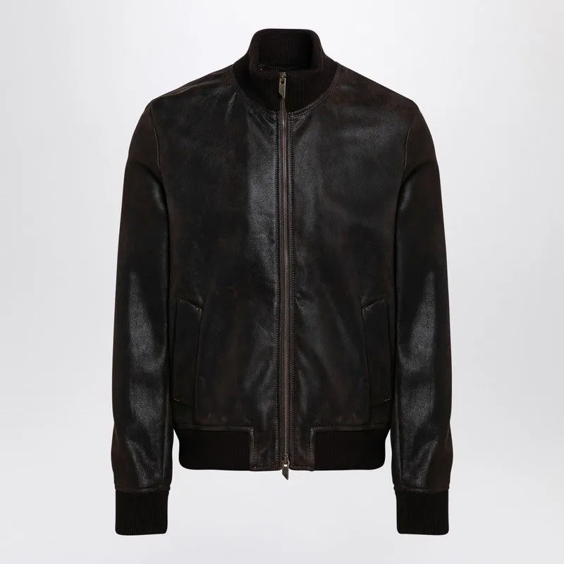 DARK BROWN LEATHER BOMBER JACKET