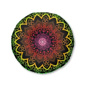 Hand Drawn Mandala Art Floor Cushion - Flower Colors on Black - Tufted