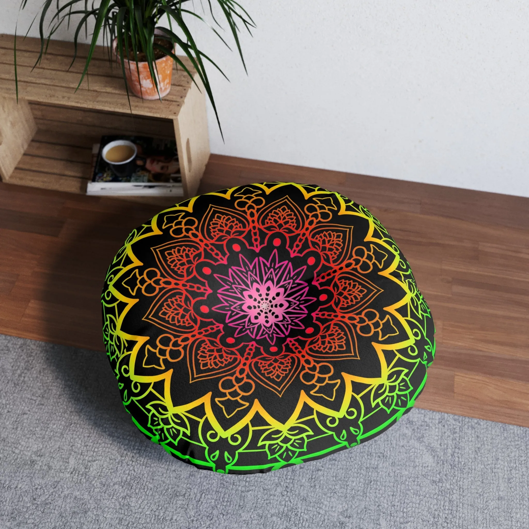 Hand Drawn Mandala Art Floor Cushion - Flower Colors on Black - Tufted