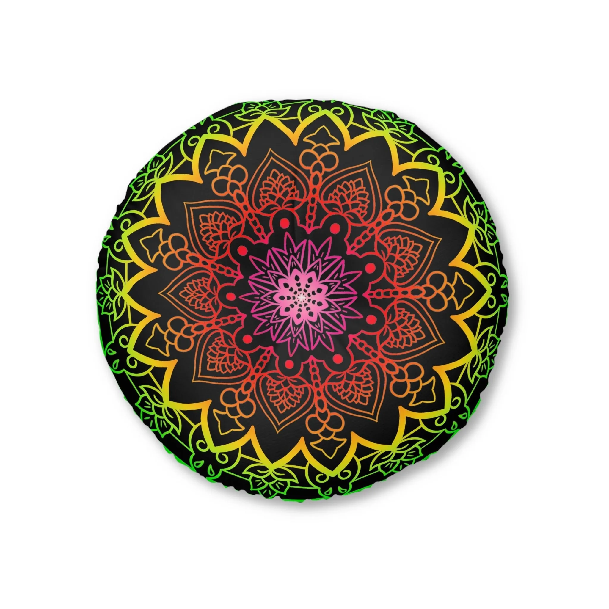 Hand Drawn Mandala Art Floor Cushion - Flower Colors on Black - Tufted