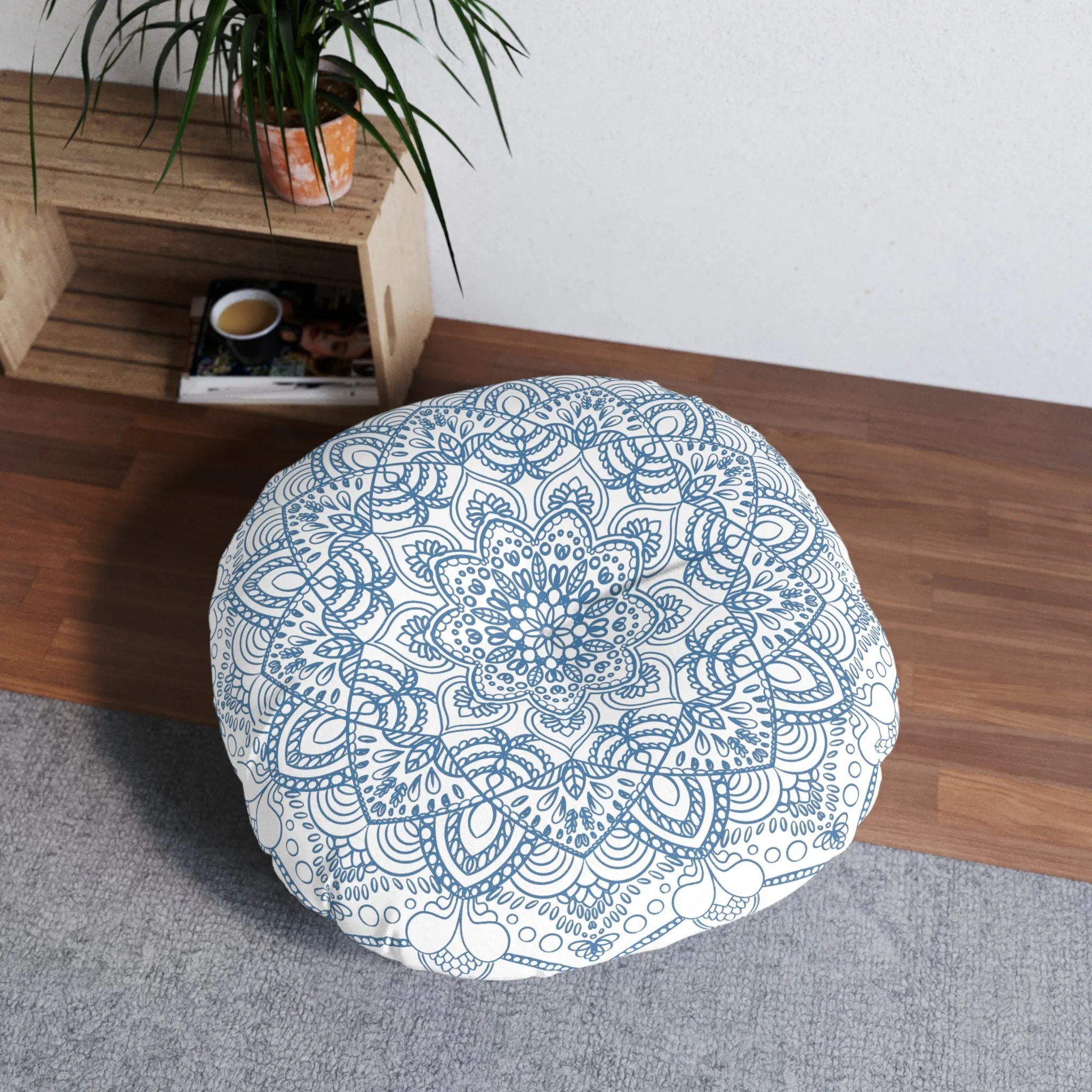 Handmade Mandala Art Floor Cushion - Steel Blue - Tufted Round Pillow