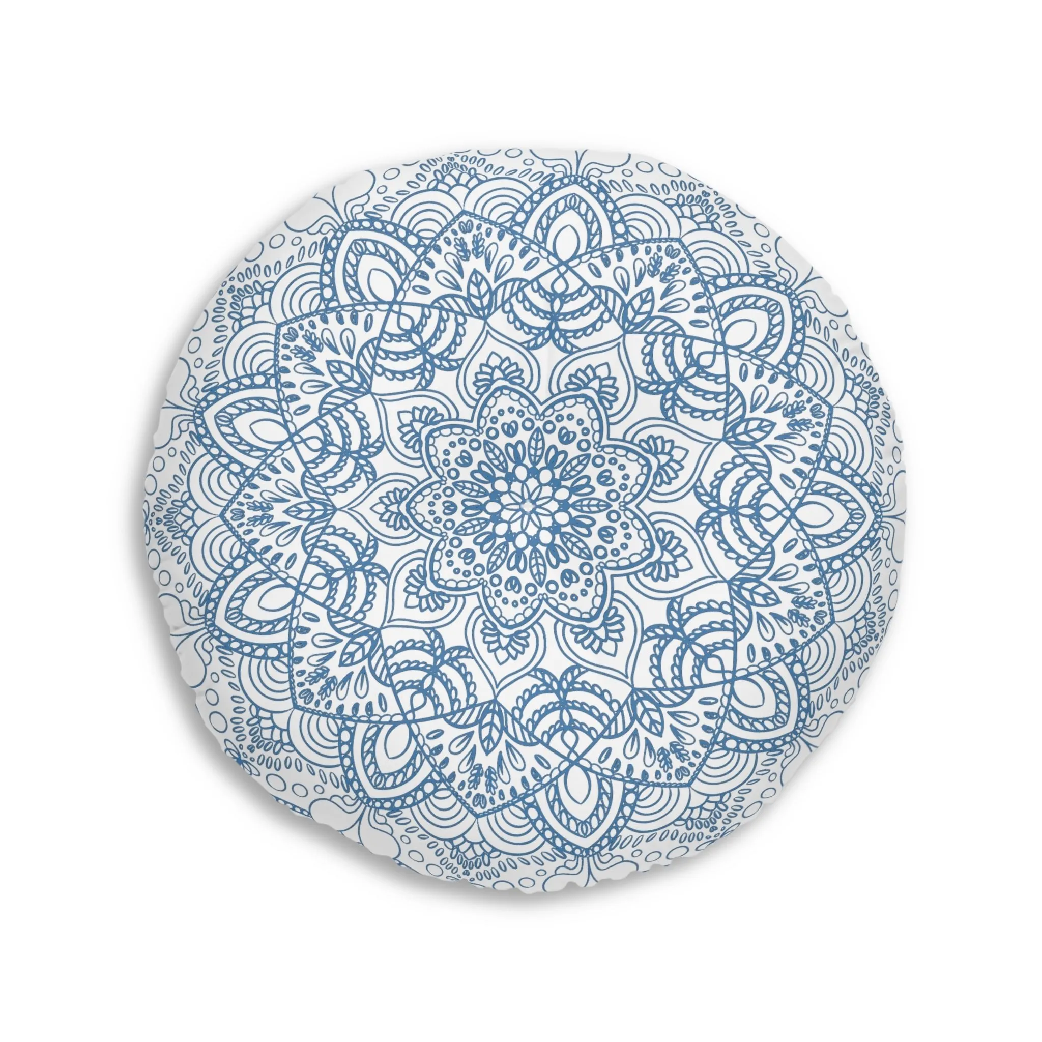 Handmade Mandala Art Floor Cushion - Steel Blue - Tufted Round Pillow