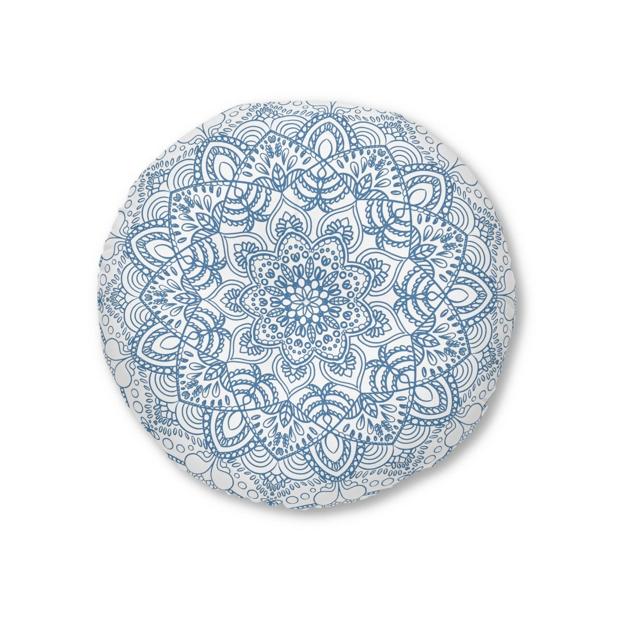 Handmade Mandala Art Floor Cushion - Steel Blue - Tufted Round Pillow