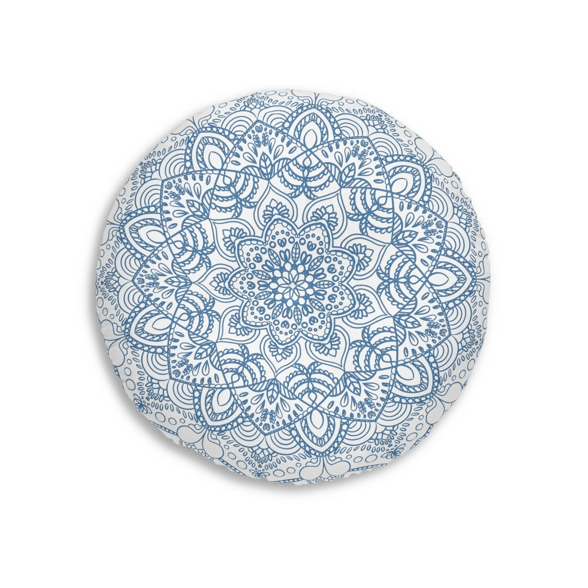 Handmade Mandala Art Floor Cushion - Steel Blue - Tufted Round Pillow