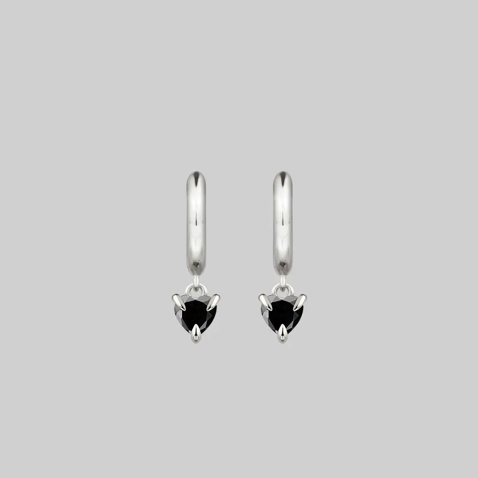 HEART & SOUL. Black Spinel Dangly Heart Hoop Earrings - Silver