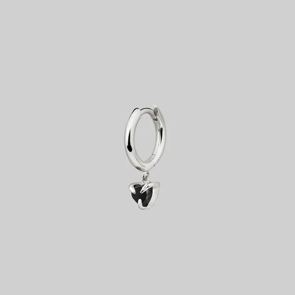 HEART & SOUL. Black Spinel Dangly Heart Hoop Earrings - Silver