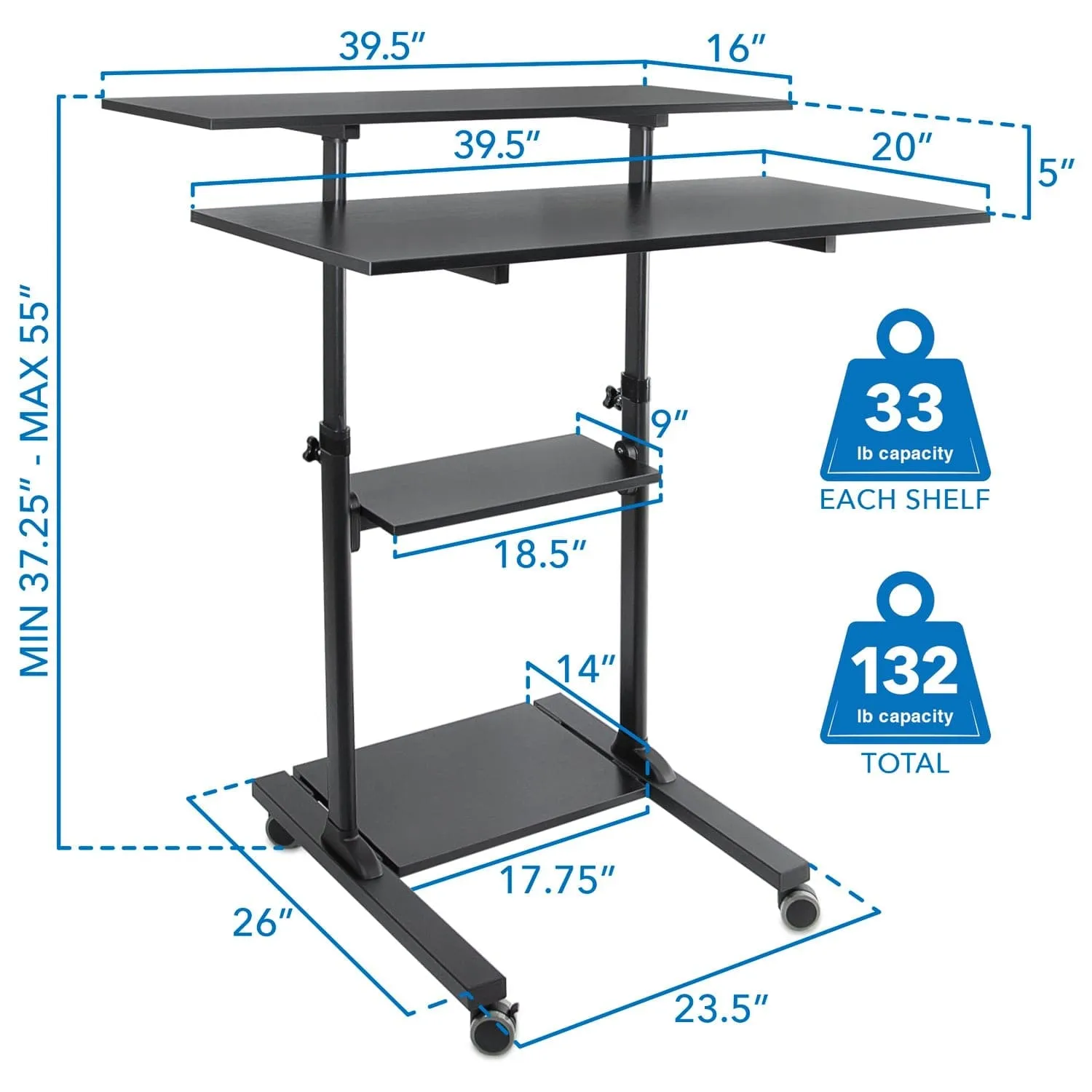 Height Adjustable Rolling Stand up Desk