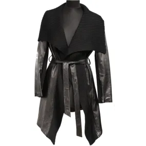 Leather Coat with Knit Envelope Collar-Black