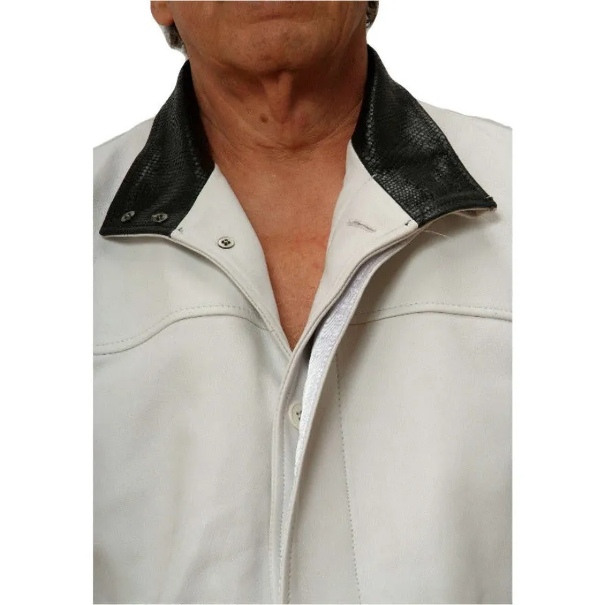 Mandarin Collar Leather Jacket with Snakeskin Cuffs