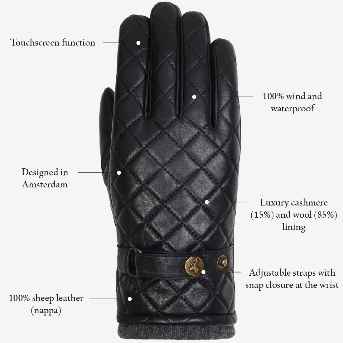 Smith (black) - sheepskin leather gloves with snap closure & touchscreen feature