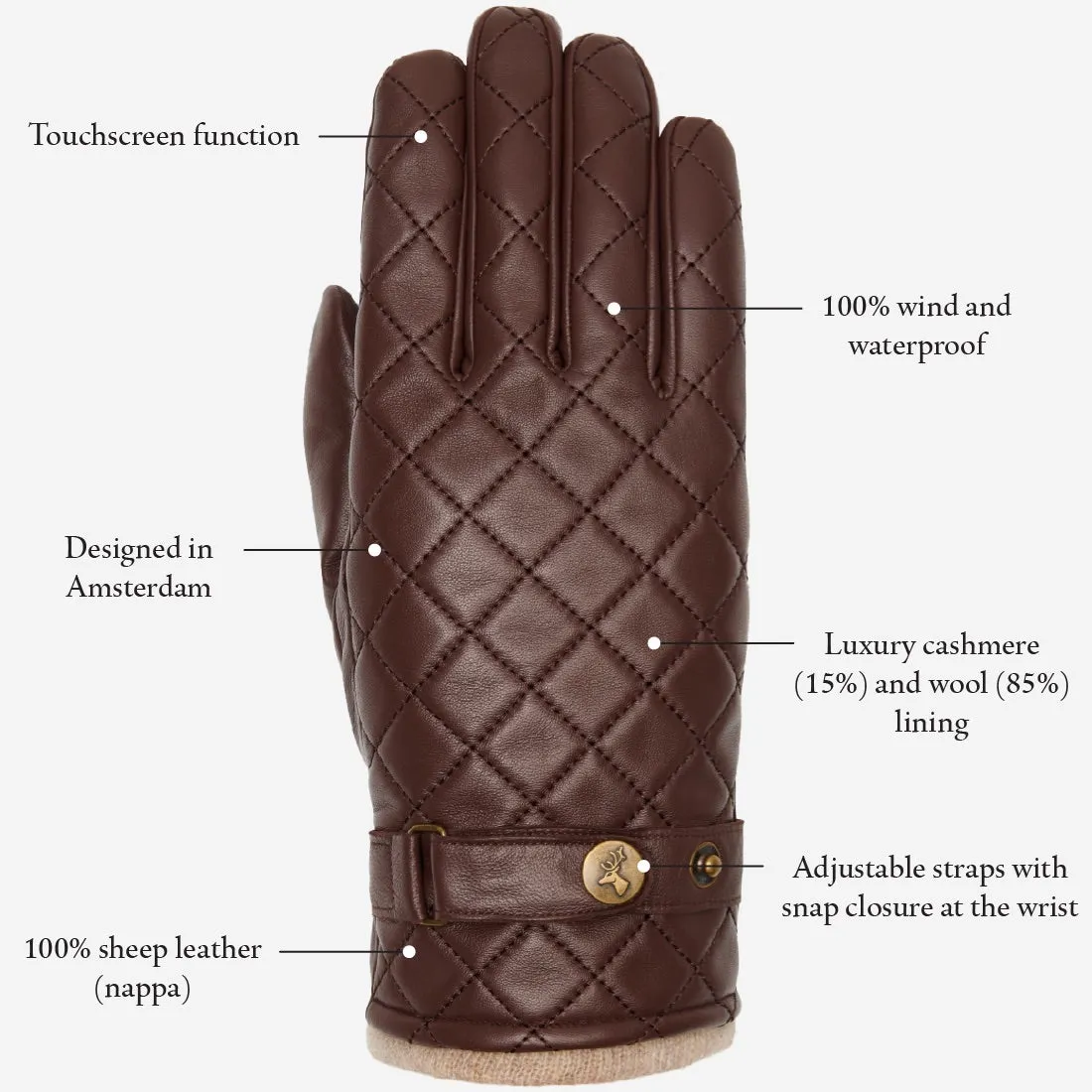 Smith (brown) - sheepskin leather gloves with snap closure & touchscreen feature