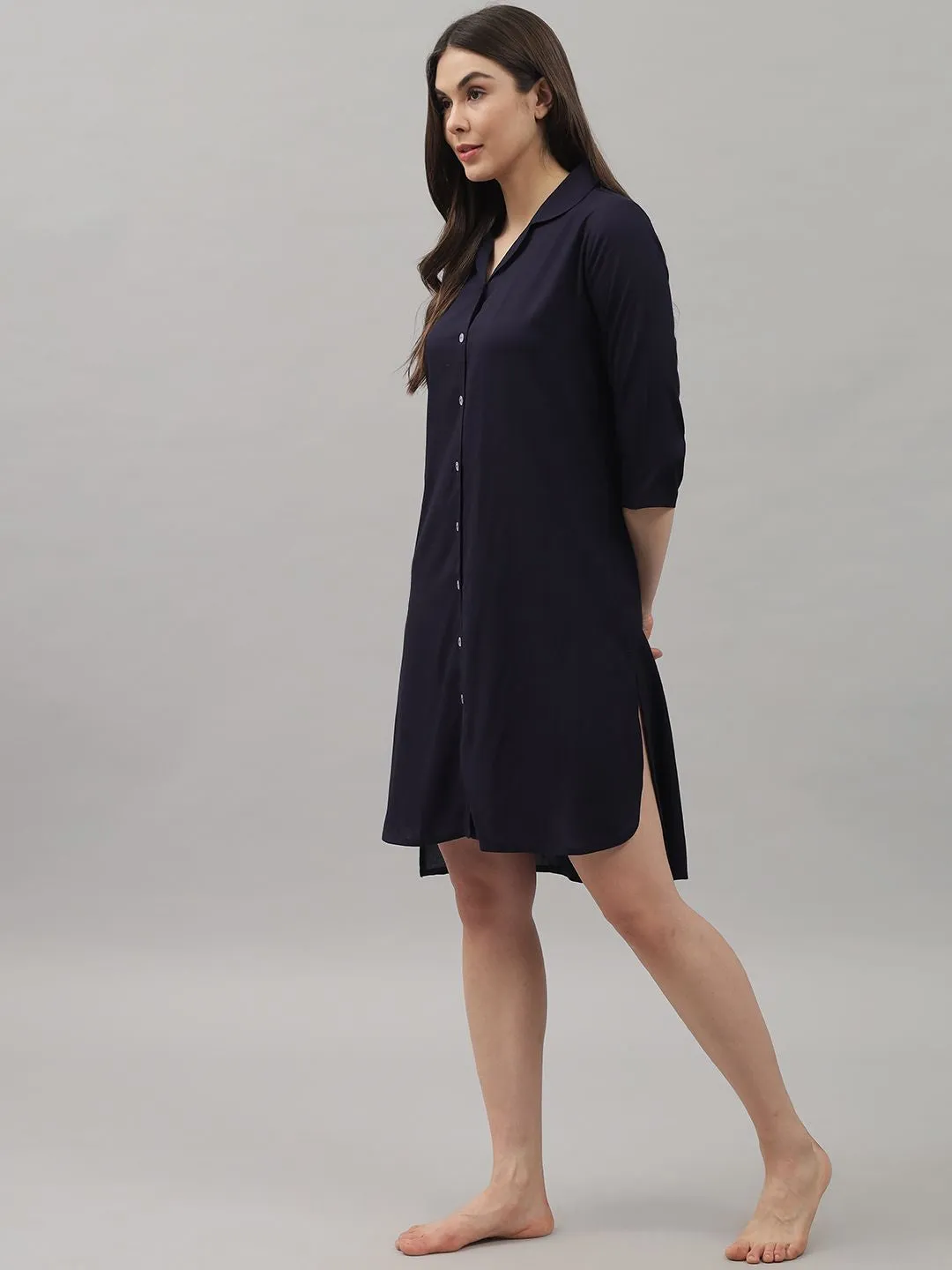 Solid Navy Blue Knee Length Rayon Sleep Shirt