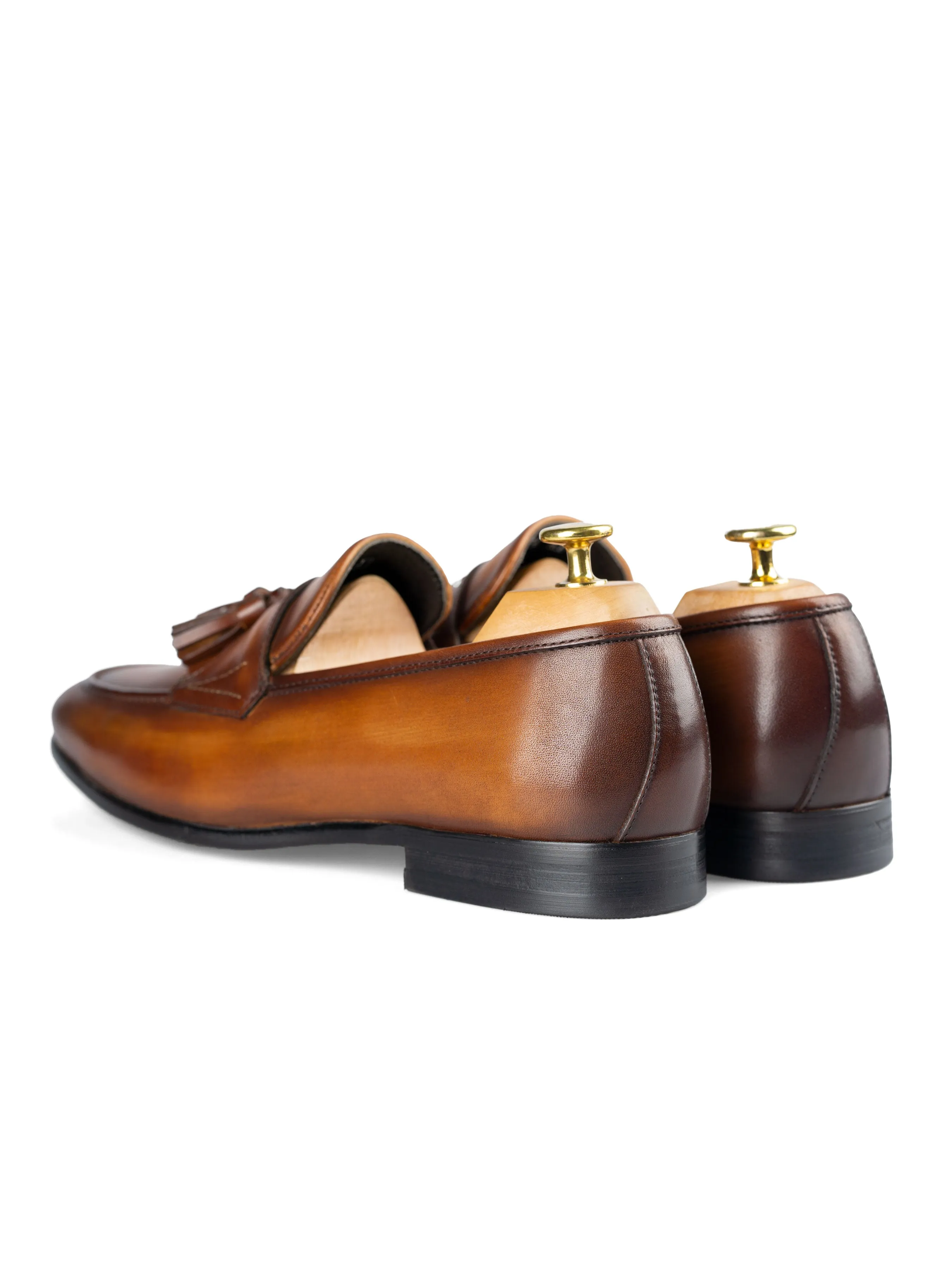 Tassel Loafer Wing Strap - Cognac Tan (Hand Painted Patina)