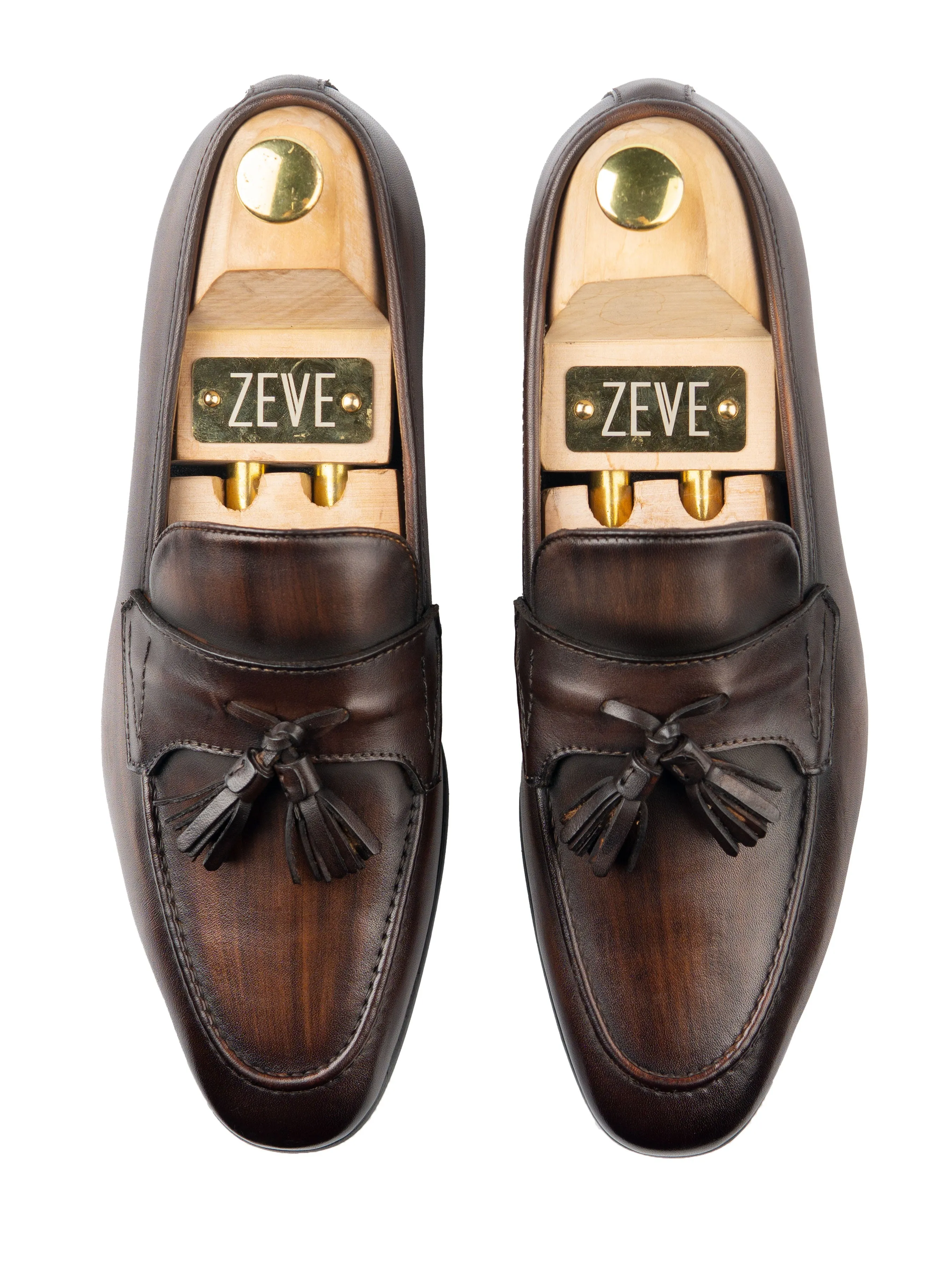 Tassel Loafer Wing Strap - Dark Brown (Hand Painted Patina)